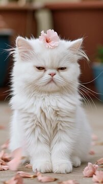 Unimpressed white Persian kitten with a pink flower petal on its head in a garden