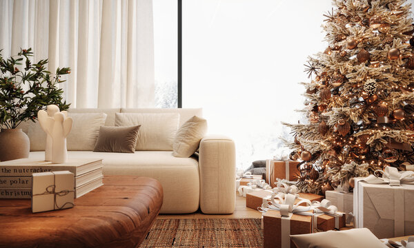 Modern interior design with decorated Christmas tree and white copy space. Christmas at home. 3D Rendering, 3D Illustration