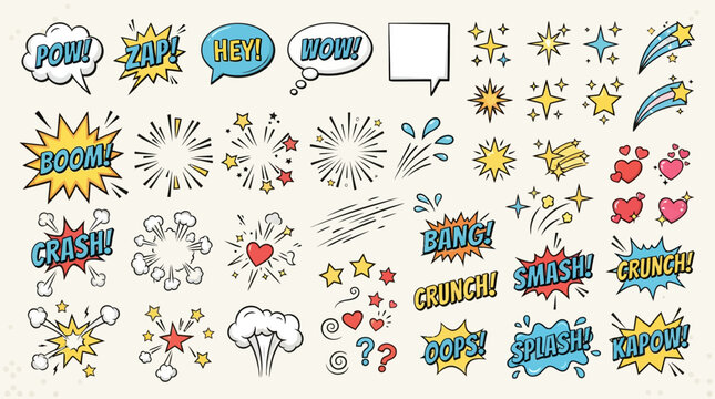 Comic Book Pop Art Sound Effect Bubbles Stars and Hearts Collection.