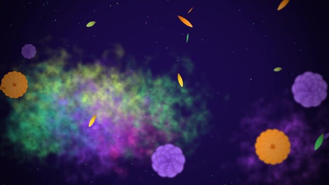 Marigold petals and leaves drifting through green and violet powder