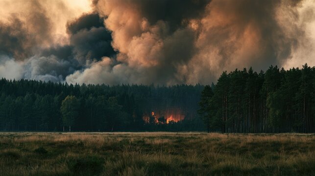 Forest Fire Apocalypse: A devastating forest fire rages through a dense woodland, emitting thick plumes of dark smoke into the sky as flames engulf the trees.