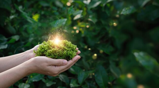 Pair of hands gently cupping a clump of vibrant green moss with a magical glowing light shining from the center, symbolizing nature conservation, environmental protection, and
