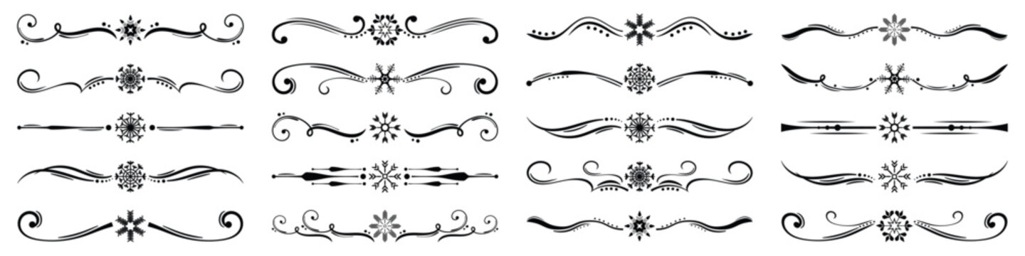 Christmas snowflake divider collection with elegant decorative swirls and ornamental winter flourishes