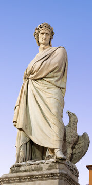 Florence - The statue of Dante Alighieri on the Piazza Santa Croce at dusk by  Enrico Pazzi from year 1865.