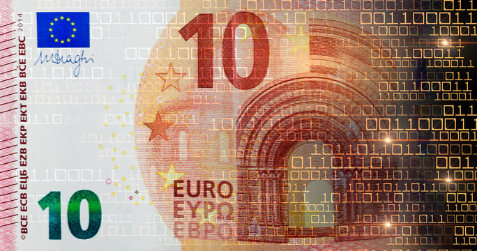 Euro banknotes dissolving into binary code as a concept of digital currency transformation and financial cyber crime.