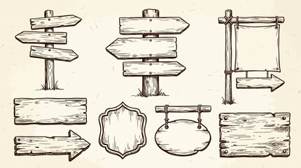 Vintage Hand Drawn Wooden Signpost and Blank Signage Set. © lukman