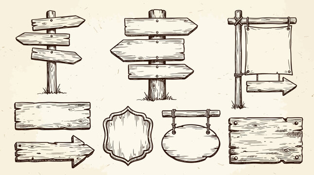 Vintage Hand Drawn Wooden Signpost and Blank Signage Set.