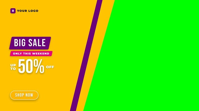 Revised promotional motion graphic featuring a pure chroma key green screen background (#00FF00), crisp BIG SALE ribbon text, and smooth animations fo.