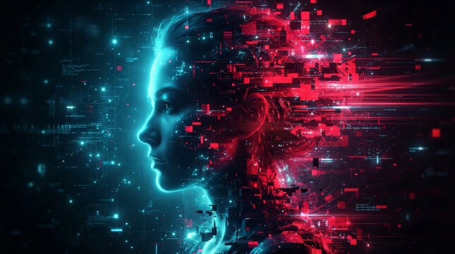 Profile portrait of a human face dissolving into digital data particles and neon red light