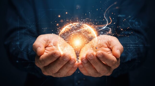 Male hands holding glowing digital holographic sphere with binary code data network connection symbol representing artificial intelligence technology innovation future concept in