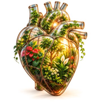Glass heart containing a vibrant green garden