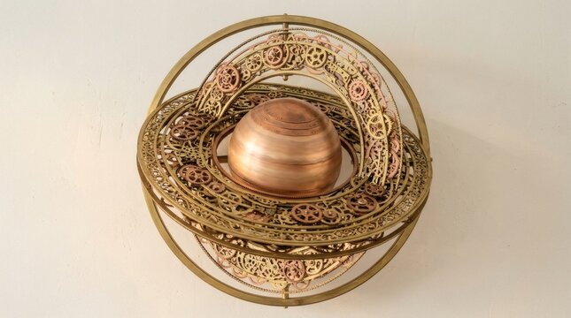 Intricate brass astrolabe wall sculpture featuring a copper celestial sphere surrounded by complex mechanical gear rings.