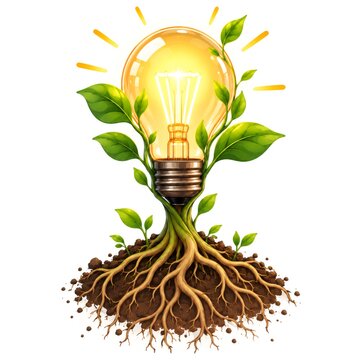 Lightbulb growing from plant roots symbolizing green energy