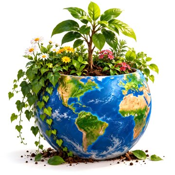 Earth globe pot growing green plant and flowers