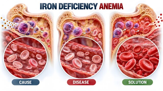 AI generated medical infographic of iron deficiency anemia showing bone marrow and blood cells cause and solution