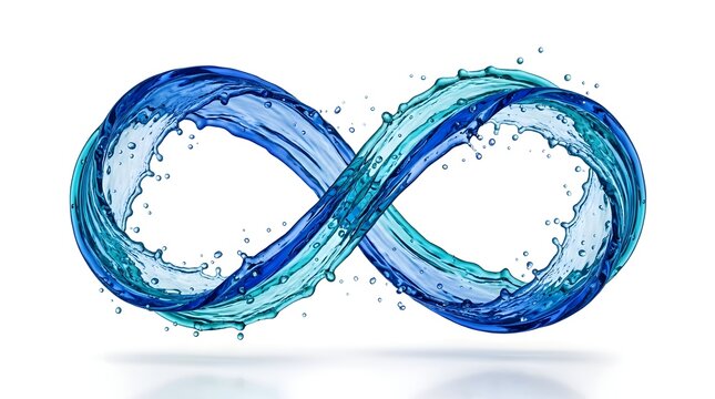 Abstract representation of the infinity symbol created with dynamic blue water splashes against a clean white background