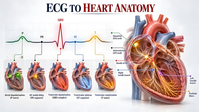 AI generated ECG to heart anatomy diagram showing P wave, QRS complex, T wave, and cardiac conduction system.