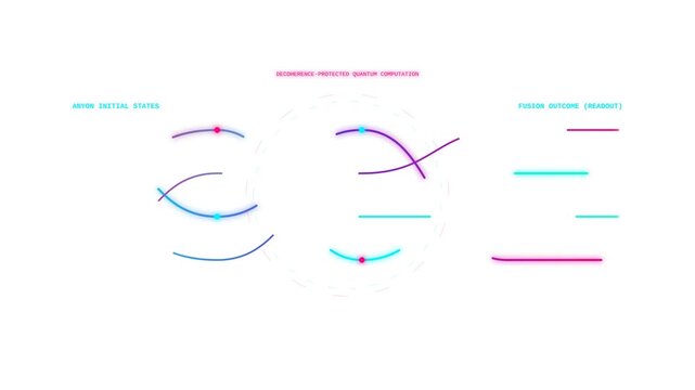Quantum Computing Qubit Processing Loop, transparent background; technical animation of anyon initial states, decoherence-protected braiding, and fusion readout outcome.