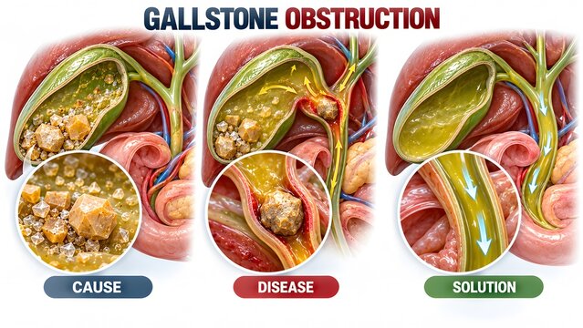 AI generated medical illustration of gallstone obstruction anatomy showing gallbladder disease cause and treatment