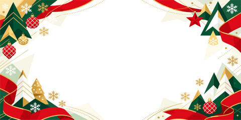 Christmas holiday frame decorated with stylized pine trees and red ribbons christmas background ornaments snowflakes celebration template greetings invitation december geometric stylized © m