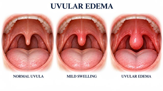 AI generated medical illustration of uvular edema comparing normal uvula with mild and severe swelling in the throat