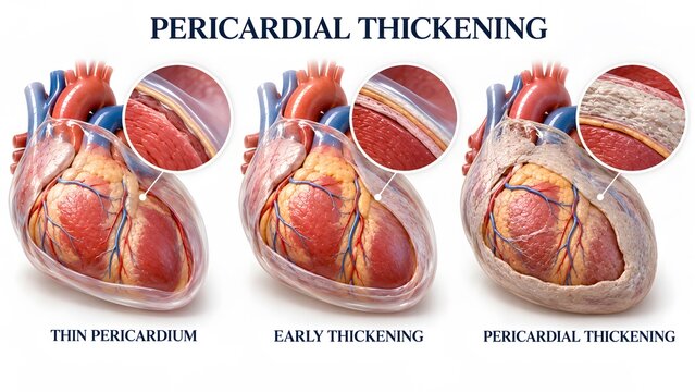 AI generated illustration of heart pericardial thickening stages showing medical condition of cardiac sac inflammation