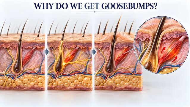 AI generated medical illustration of human skin anatomy explaining why we get goosebumps and hair follicle reaction.