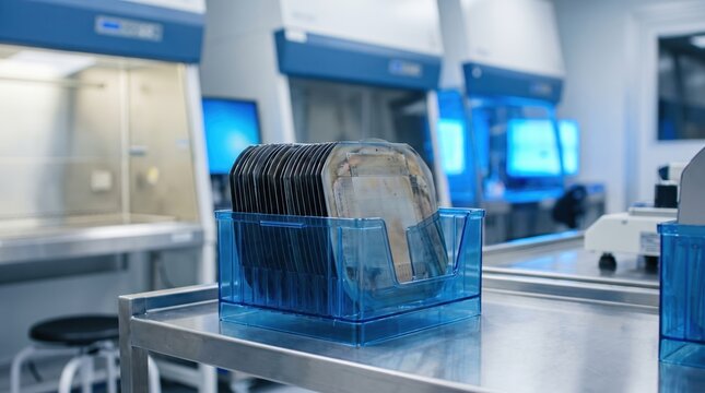 Silicon Wafers in a Blue Plastic Carrier in a Cleanroom Laboratory
