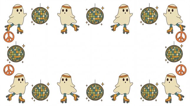 Retro Groovy Roller Skating Ghost Disco Ball Halloween Border Frame