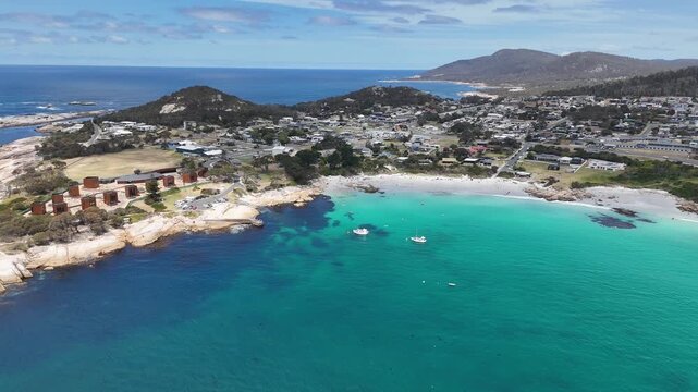 Aerial view of Bicheno coastline and town in Tasmania