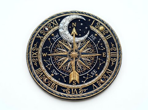 Antique brass compass rose with zodiac wheel and celestial navigation symbols