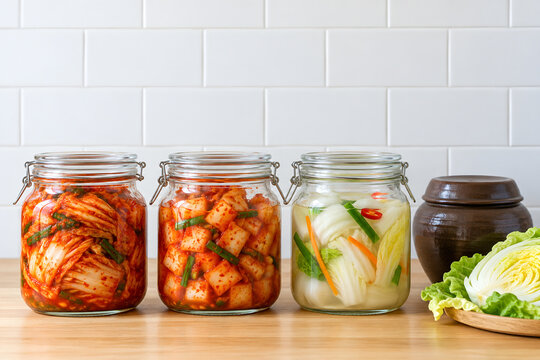 Korean kimchi fermentation concept with glass jars and copy space