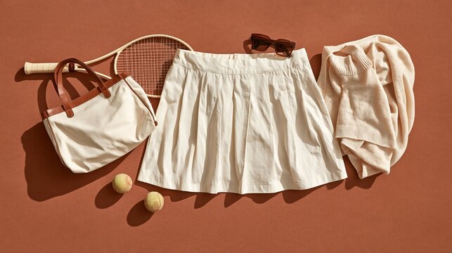 Elegant tennis essentials arranged on a sunlit terracotta clay court. Cream skort, leather-trimmed bag, and chic racket create a refined luxury sports flat lay.