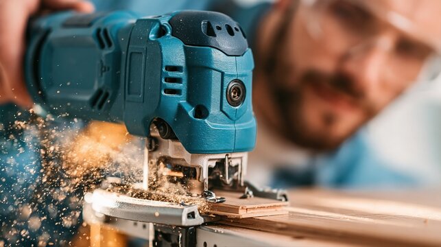 A focused handyman trims a laminate plank using a jigsaw, fine sawdust catching light. Dynamic close-up highlights professional renovation, skill, and motion.
