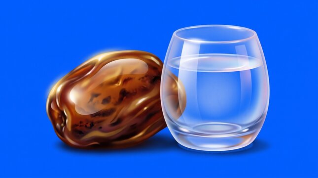 Digital illustration of a single date fruit and a glass of fresh water on a blue background, representing Ramadan Iftar and healthy fasting traditions.
