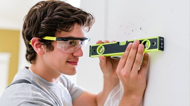 A young electrician uses a spirit level to align a wall fixture in a bright contemporary office. His careful precision highlights trustworthy craftsmanship and professionalism.