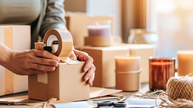 A Latina artisan carefully seals a handmade candle order with paper tape in golden afternoon light. Weathered hands and craft supplies evoke intimate small-business spirit.