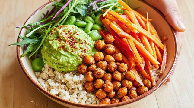 Colorful grain bowl with roasted chickpeas, greens, and veggies in a home kitchen. Hands assemble a healthy plant-based meal in soft morning light.