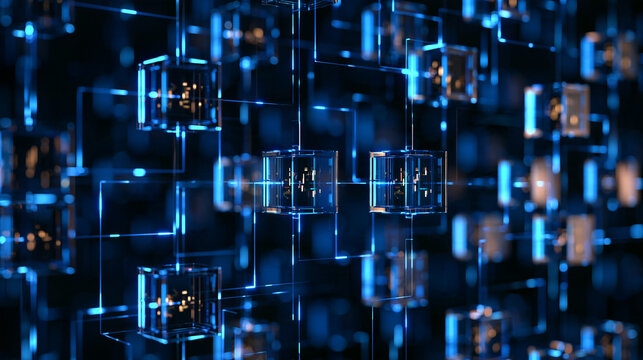 High tech blockchain background with glowing digital pathways connecting transparent blocks, decentralized ledger infrastructure, blockchain data processing, cryptocurrency