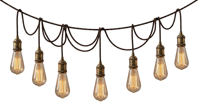 Vintage edison light bulbs hanging on a decorative rope string isolated on transparent background