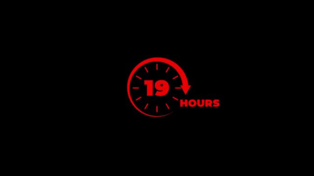 19 hours countdown timer animation with circular progress arrow for business deadlines and web clock