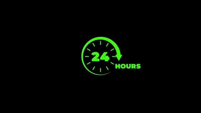 24 hours service animation, green glowing clock symbol for business support and availability