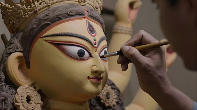 Indian artisan painting eye of Hindu Goddess Durga idol during Chakkhu Daan ritual before Durga Puja festival
