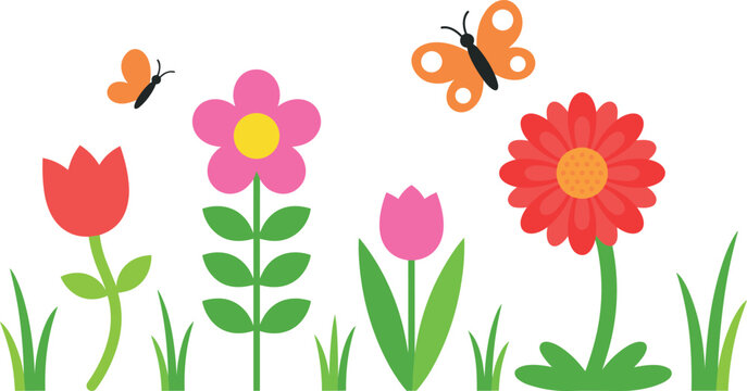 Cute cartoon garden flower vector element set with isolated butterflies tulip daisy and green grass on white background for spring nursery decor templates