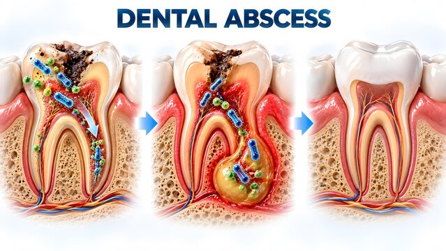 AI generated dental abscess stages illustration showing tooth decay bacterial infection and gum inflammation