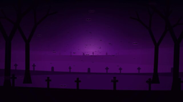 Spooky Halloween graveyard animation with flying bats and tombstones under dark purple sky