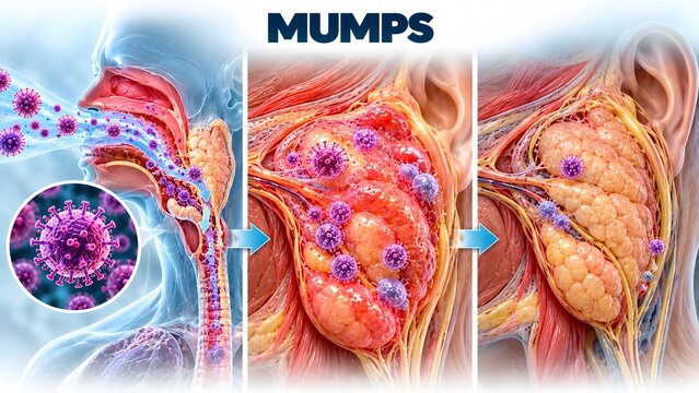 AI generated medical illustration showing mumps virus infection pathway and parotid gland swelling in human anatomy