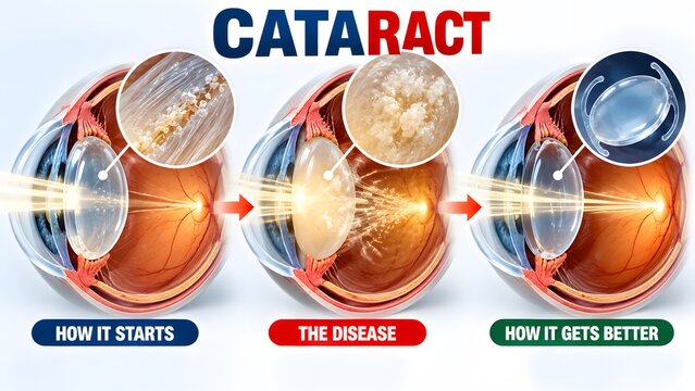 AI generated medical diagram of cataract eye disease progression and intraocular lens replacement surgery stages