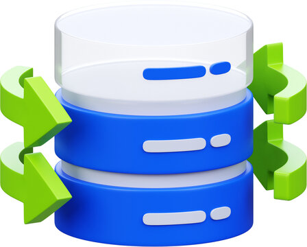 3D Data Integration Icon with Cloud Database Server Cylinders and Sync Arrows for Big Data
