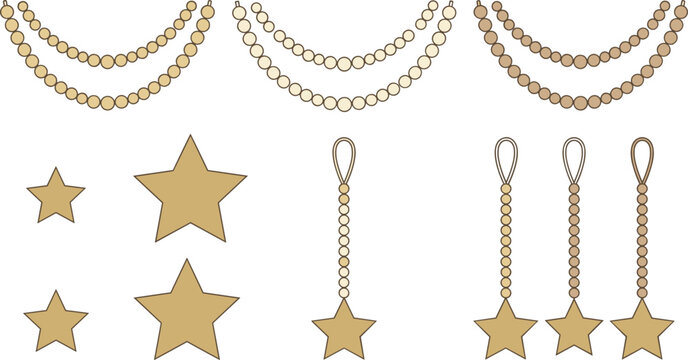 Hand drawn wooden bead garland and star ornament vector element set isolated on white background for boho Christmas holiday decoration templates